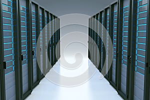 Rows of network servers in data center with reflection effect. 3d