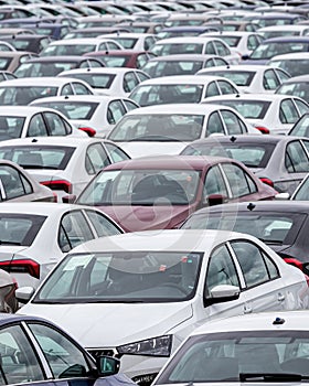 Rows of a new cars parked in a distribution center of a car factory.