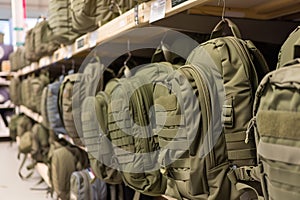 rows of new olive drab backpacks on shelves