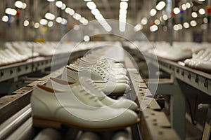 rows of new shoes on a conveyor belt in a factory