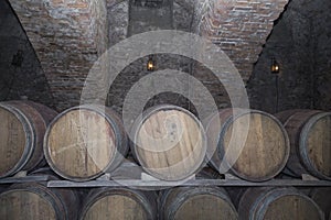 Rows of oak tuns in the old wine cellar