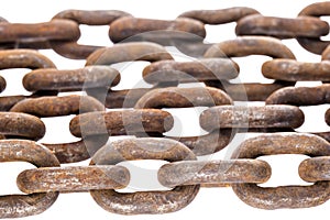 Rows of old iron rusty chain links on white background
