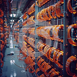 Rows of Orange Wires in a Server Room