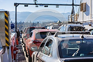 Rows of parked cars on a ferry ship. Cars parked on a ferry Britsh Columba, Canada
