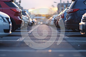Rows of parked cars at sunset