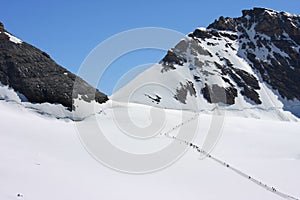 Rows of people over the snow of the Swiss Jungfrau