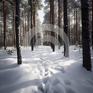 Rows of pine forest trees in the snow. Nowy forest.