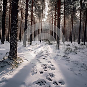 Rows of pine forest trees in the snow. Nowy forest.