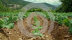 Rows of potatoes growing in a farm field