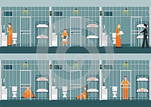 Rows of prison cells with life in jail.
