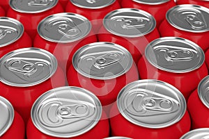 Rows of Red Aluminum Drink Cans Background. 3d Rendering