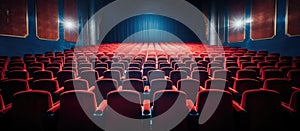 Rows of red chairs in an empty performing arts center