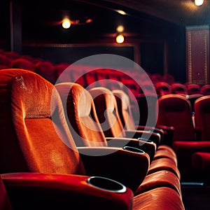Rows of red cinema chairs await an audience in a theater, setting the stage for an evening of entertainment. photo