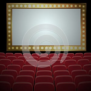 Rows of red cinema or theater seats in front of black blank screen. Wide empty movie theater auditorium with red seats. Vector