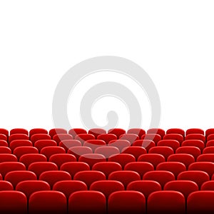 Rows of red cinema or theater seats in front of white blank screen. Wide empty movie theater auditorium with red seats. Vector