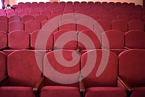 Rows of red seats in the cinema photo