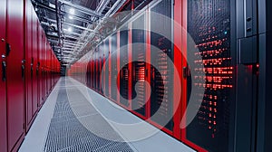 Rows of red server racks illuminate a modern data center hallway