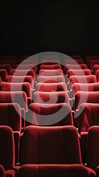 Rows of red theater seats, softly lit, dark background, moody feel photo
