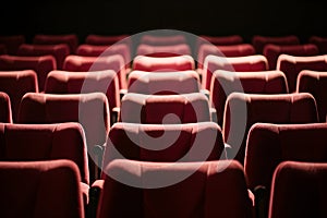 Rows of red theater seats, softly lit, dark background, moody feel photo