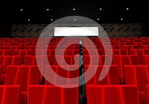 Rows of red velvet seats watching movies in the cinema with copy space banner background. Entertainment and Theater concept. 3D