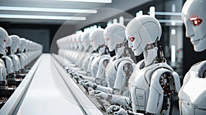 Rows of robots work on an assembly line in a factory