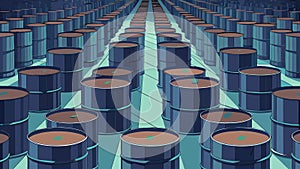 Rows upon rows of metal oil drums stacked neatly in a mazelike pattern that stretches as far as the eye can see.. Vector