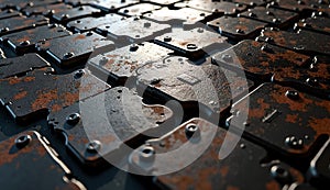 Rows of rusty, rectangular metal plates with rounded edges generated photo
