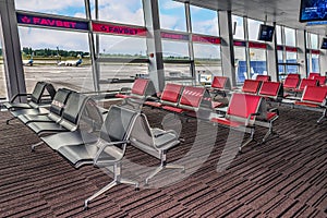 Rows of seats in the departure area of Terminal D at Boryspil Airport