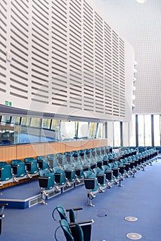 Rows of seats in the European Court of Human Rights in Strasbourg
