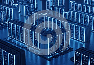 Rows of server racks are arranged