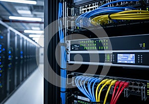 Rows of server racks in a data center display an array of