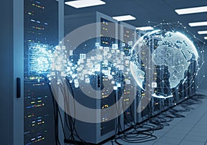 Rows of server racks in a data center emit digital streams,