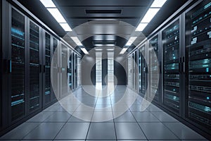 rows of server racks in a data center hallway