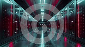 Rows of servers and blinking lights in a massive data center facility