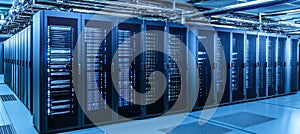 Rows of Servers in Data Center, Cloud Computing, Database and Storage, Network Technology Concept