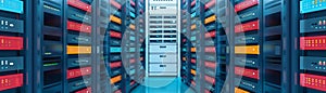 rows of servers in a data center with colorful lights and server racks - technology and networking concept