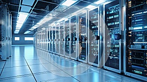 Rows of Servers in a Large Data Center. Generative AI.