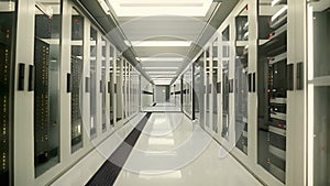 Rows of Servers in Long Hallway