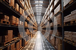 Rows of shelves with boxes in modern warehouse