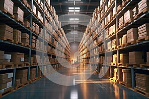 Rows of shelves with boxes in modern warehouse