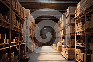 Rows of shelves with boxes in modern warehouse