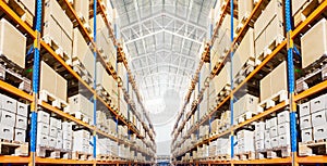 Rows of shelves with boxes in modern warehouse
