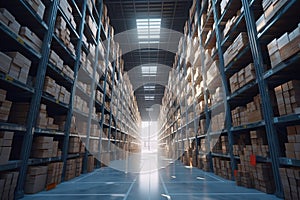 Rows of shelves with boxes in modern warehouse