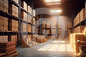 Rows of shelves with boxes in modern warehouse