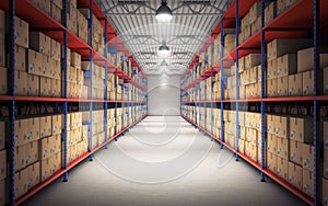Rows of shelves with goods boxes in modern industry warehouse. 3