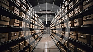 Rows of shelves with goods boxes in modern industry warehouse store at factory warehouse storage, generative ai