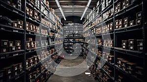 Rows of shelves with goods boxes in modern industry warehouse store at factory warehouse storage, generative ai