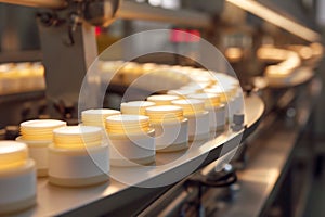 Rows of skincare cream jars with yellow lids move along an automated production line in a cosmetics factory. emphasizes