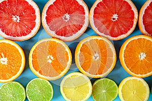 Rows of sliced multi-colored citrus - oranges, grapefruits, lemons and limes. Filled the frame. The view from the top photo