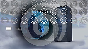 Rows of smiling face emojis over spinning globe and computer server against clouds in sky
